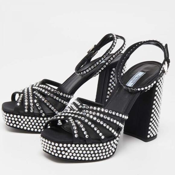 NWOT Prada Black Satin Crystal Embellished Ankle Strap Platform Sandals Black 37 - Picture 1 of 7